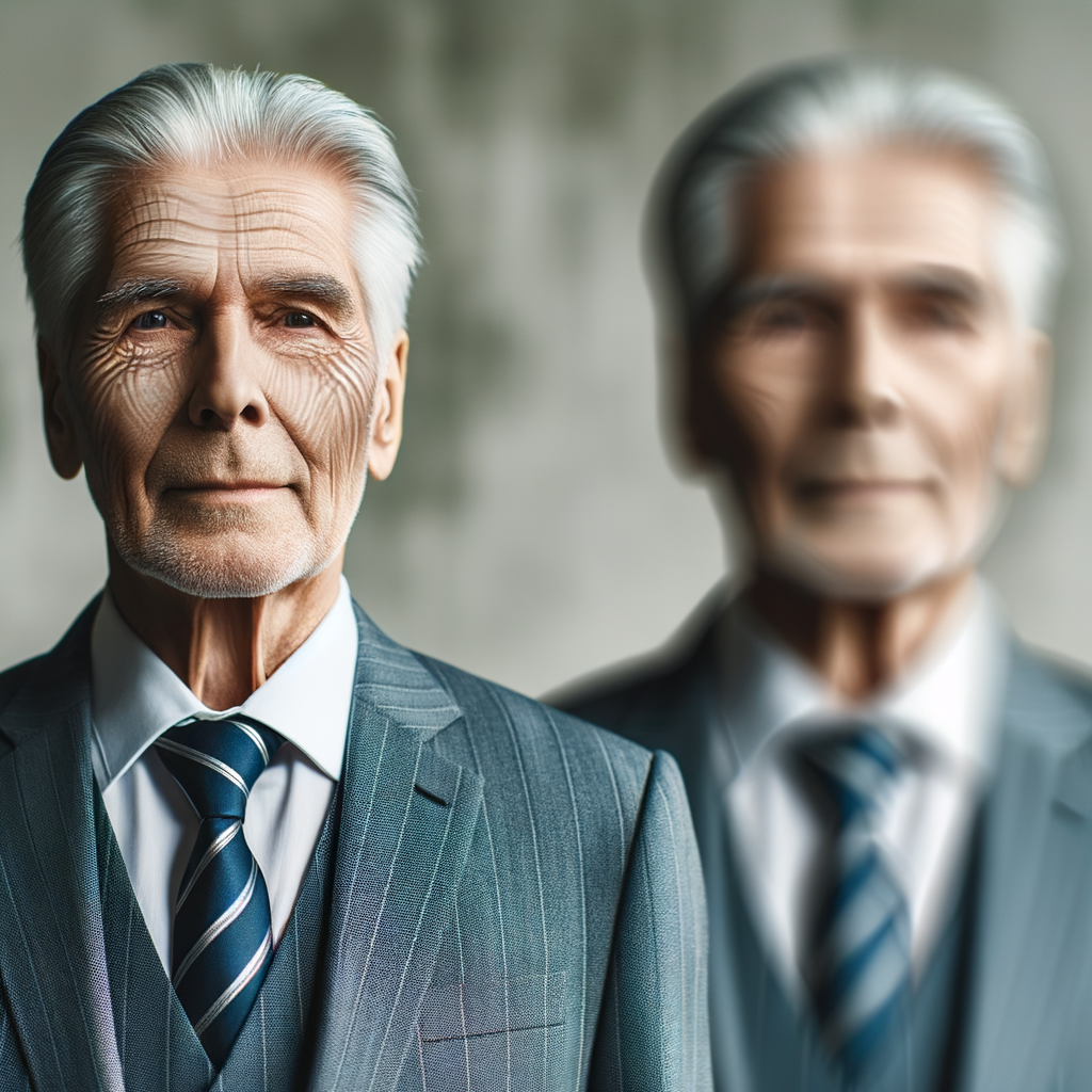 To identical men standing one with blurred face and other one with clear future face they both are old